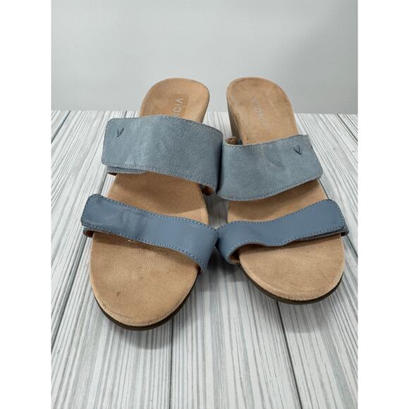 Vionic Bayu Slide Sandals Women’s Sz 7 Blue Suede Adjustable Comfort Wedge Shoes - Picture 1 of 7